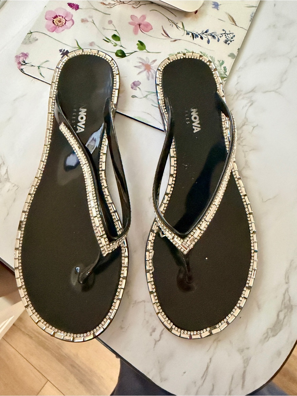 Fashion Nova Women's Black Crystal-Trim Flip Flops